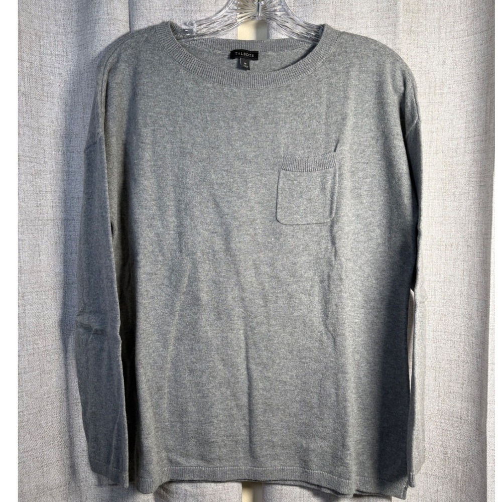 Talbots Gray Cotton Wool Cashmere Blend Pocket Crewneck Sweater Womens Medium